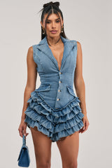 STRICTLY BUSINESS SLEEVELESS ROMPER IN DENIM
