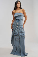 TORRI DENIM STUDDED MAXI DRESS IN MEDIUM BLUE DENIM