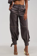 STUDDED FAUX LEATHER BELTED PANT IN DARK CHOCOLATE