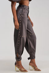 STUDDED FAUX LEATHER BELTED PANT IN DARK CHOCOLATE