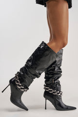 AKIRA GOLD AFTERHOURS BLACK STILETTO BOOT WITH METAL DETAIL