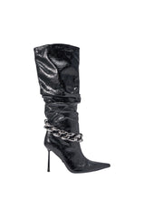 AKIRA GOLD AFTERHOURS BLACK STILETTO BOOT WITH METAL DETAIL