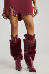 AZALEA WANG ALISETTE BURGUNDY MIXED MATERIAL FUR AND FAUX LEATHER STILETTO BOOT