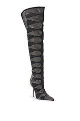 AKIRA GOLD AVENRA BLACK RHINESTONE THIGH HIGH STILETTO BOOT