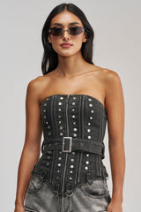 PERK UP STUDDED CORSET IN DENIM