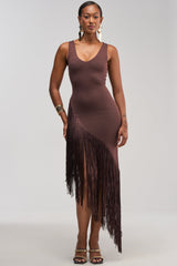 SHAKE IT FRINGE MIDI DRESS IN BROWN