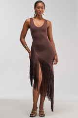 SHAKE IT FRINGE MIDI DRESS IN BROWN