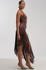 SHAKE IT FRINGE MIDI DRESS IN BROWN