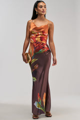 THE MAIN EVENT FLORAL SATIN MAXI DRESS IN ORANGE