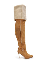 AZALEA WANG FABIOLA CAMEL SHERPA STILETTO THIGH HIGH BOOT