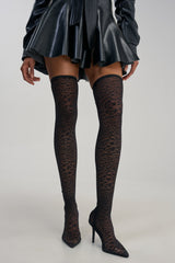 AZALEA WANG NEW FREYJA BLACK LEOPARD LACE STILETTO THIGH HIGH