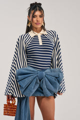 ALMA STRIPE COLLARED BODYSUIT IN NAVY