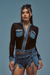 DENIM TRIM MESH ZIP UP TOP