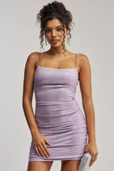MAKE A WISH SHIMMER RUCHED MINI DRESS IN PURPLE