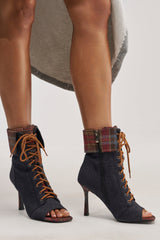 AZALEA WANG KYLAN DENIM PATCHWORK OPEN TOE BOOTIE