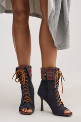 AZALEA WANG KYLAN DENIM PATCHWORK OPEN TOE BOOTIE