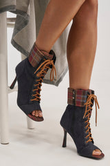 AZALEA WANG KYLAN DENIM PATCHWORK OPEN TOE BOOTIE