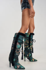AZALEA WANG LISBETH BLACK MULTI BROCADE AND FUR STILETTO BOOT