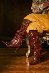 AZALEA WANG TESARA BURGUNDY RUCHED STILETTO BOOT WITH HARDWARE