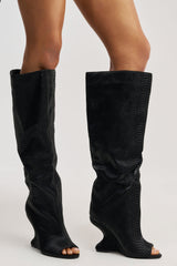 AZALEA WANG VINCENT BLACK SNAKE OPEN TOE WEDGE BOOT