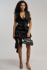 DRAMA QUEEN FLOCKED MINI DRESS IN BLACK