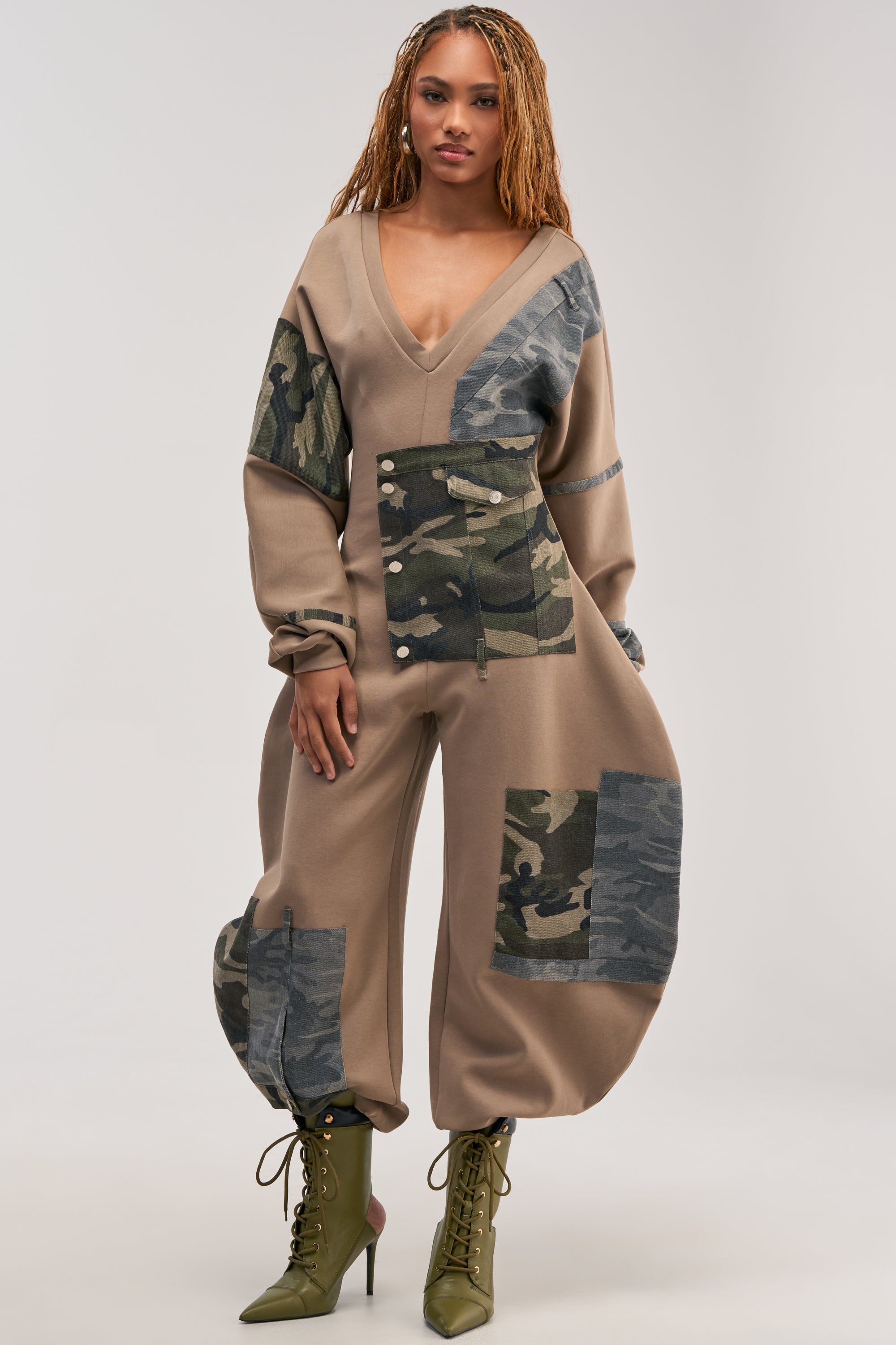 COMFY COZY PATCHWORK JUMPSUIT IN CAMO