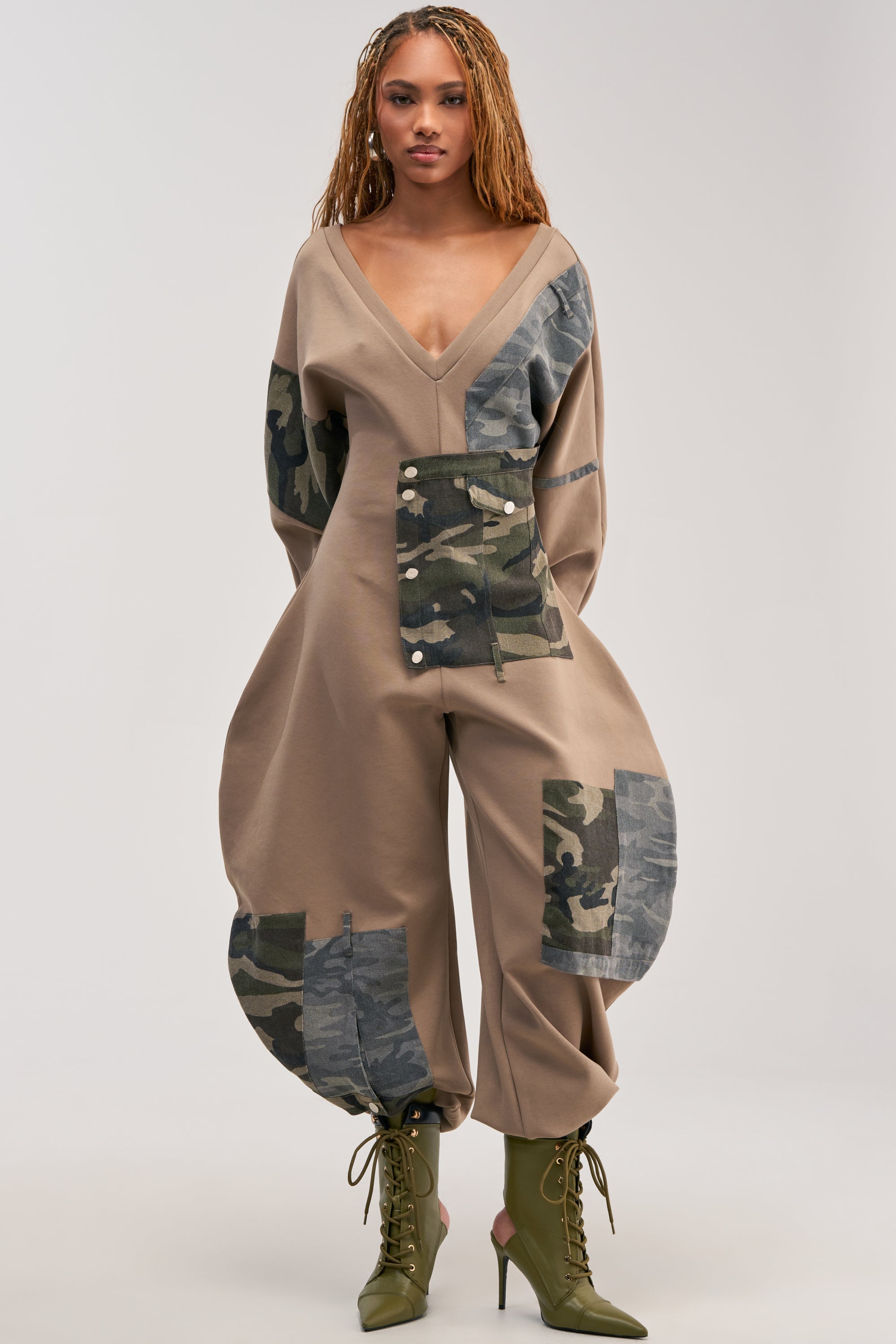 COMFY COZY PATCHWORK JUMPSUIT IN CAMO