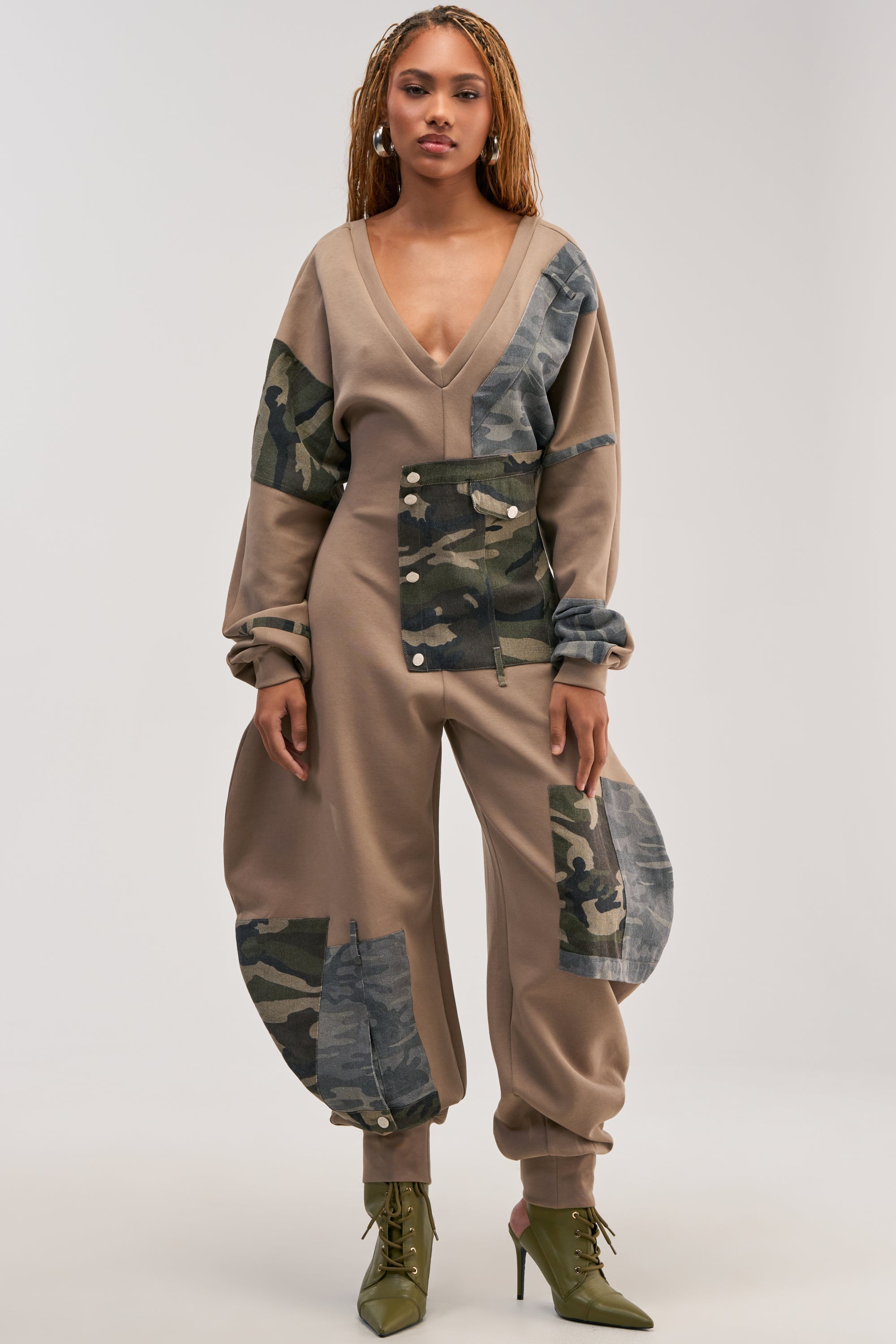 COMFY COZY PATCHWORK JUMPSUIT IN CAMO