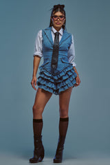 STRICTLY BUSINESS SLEEVELESS ROMPER IN DENIM