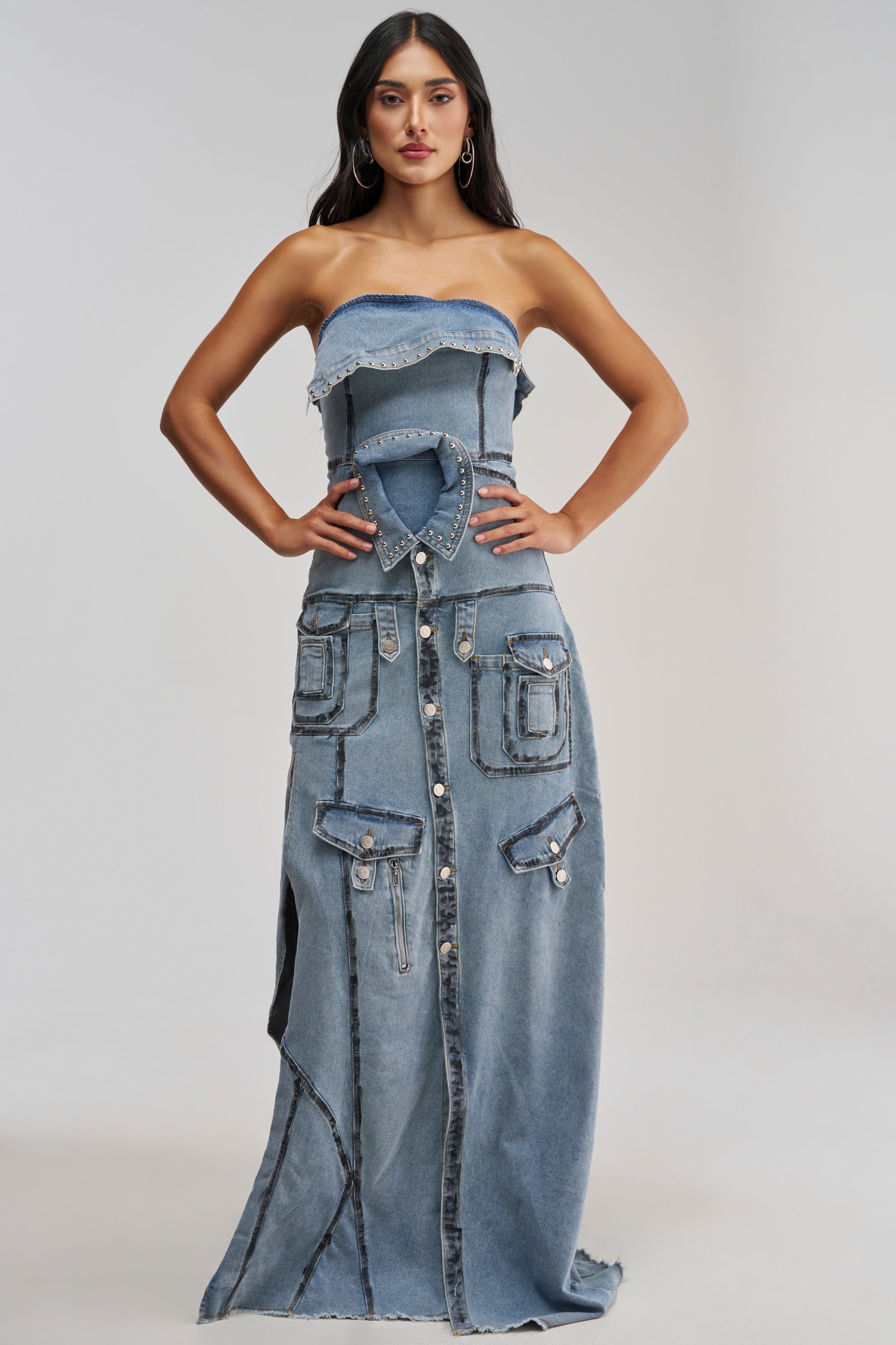 TORRI DENIM STUDDED MAXI DRESS IN MEDIUM BLUE DENIM