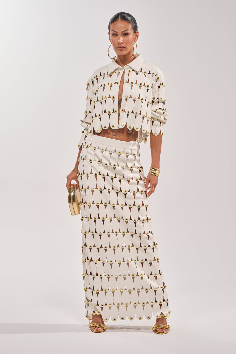 THE SNEAK PEEK STUDDED PU MIDI SKIRT IN WHITE