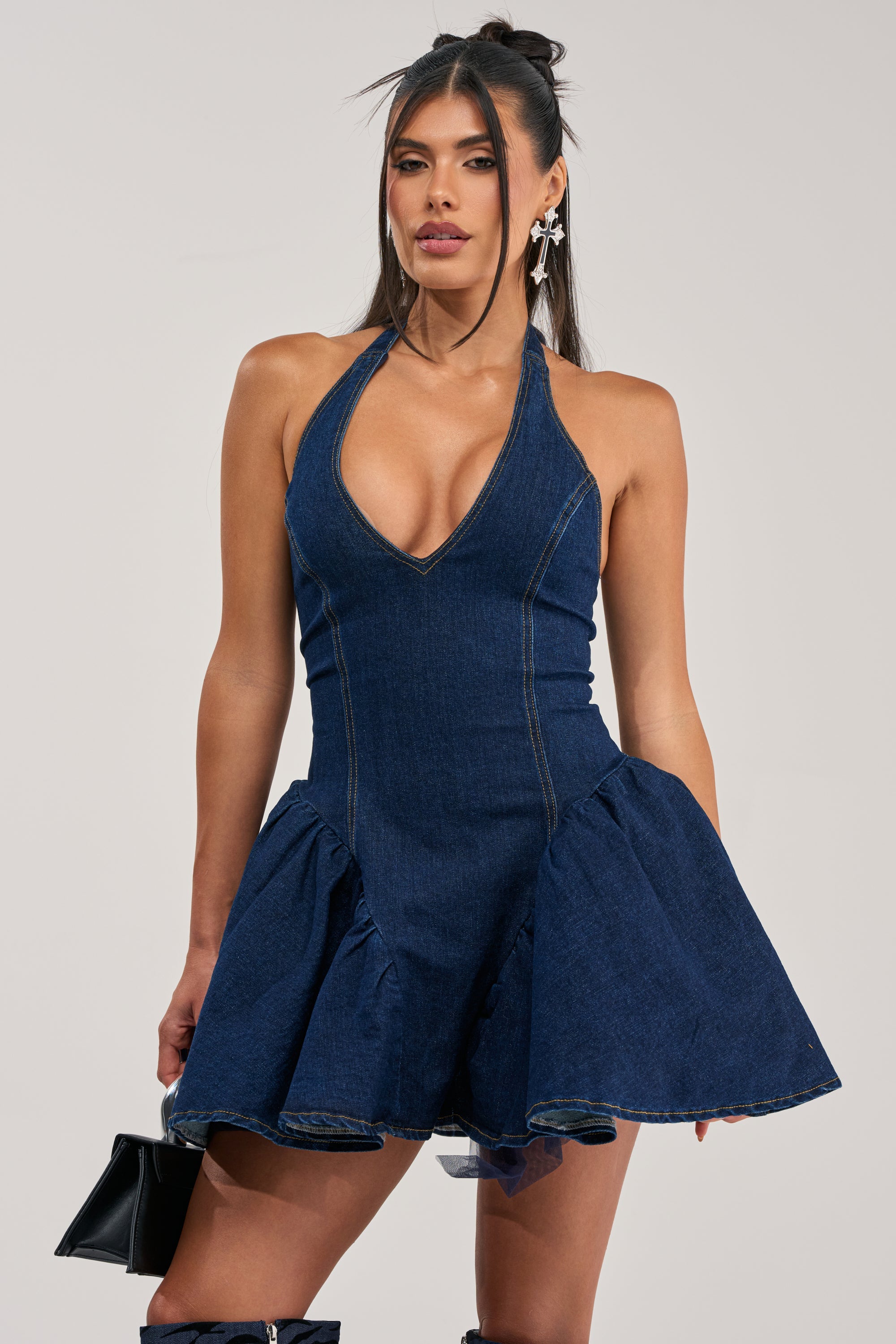 STYLE AND GRACE MINI DRESS IN DARK BLUE DENIM
