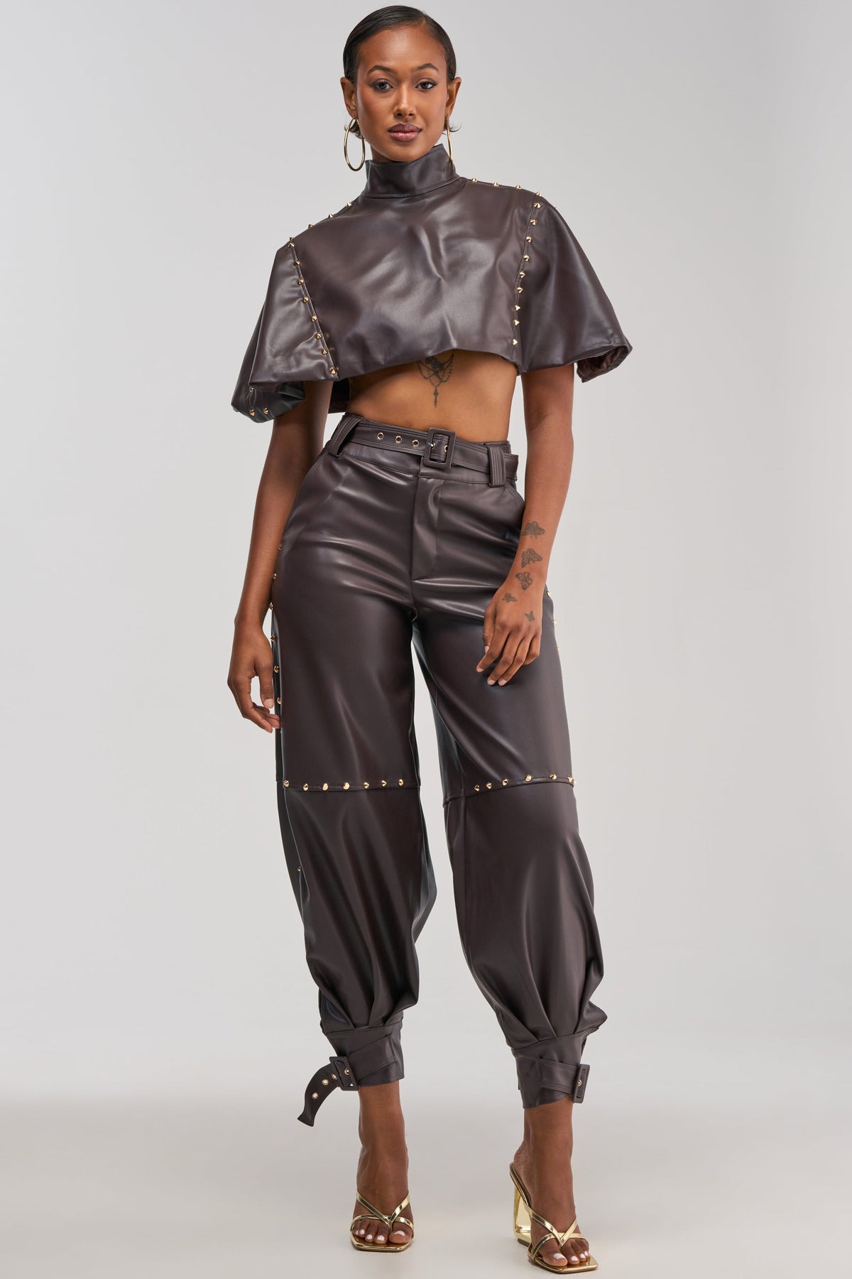 STUDDED FAUX LEATHER BELTED PANT IN DARK CHOCOLATE
