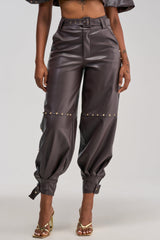 STUDDED FAUX LEATHER BELTED PANT IN DARK CHOCOLATE