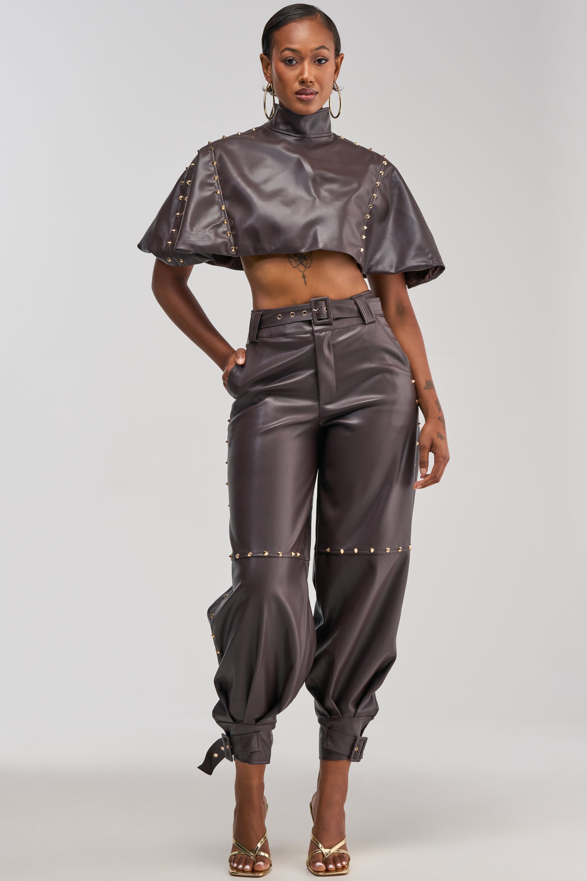 STUDDED FAUX LEATHER BELTED PANT IN DARK CHOCOLATE
