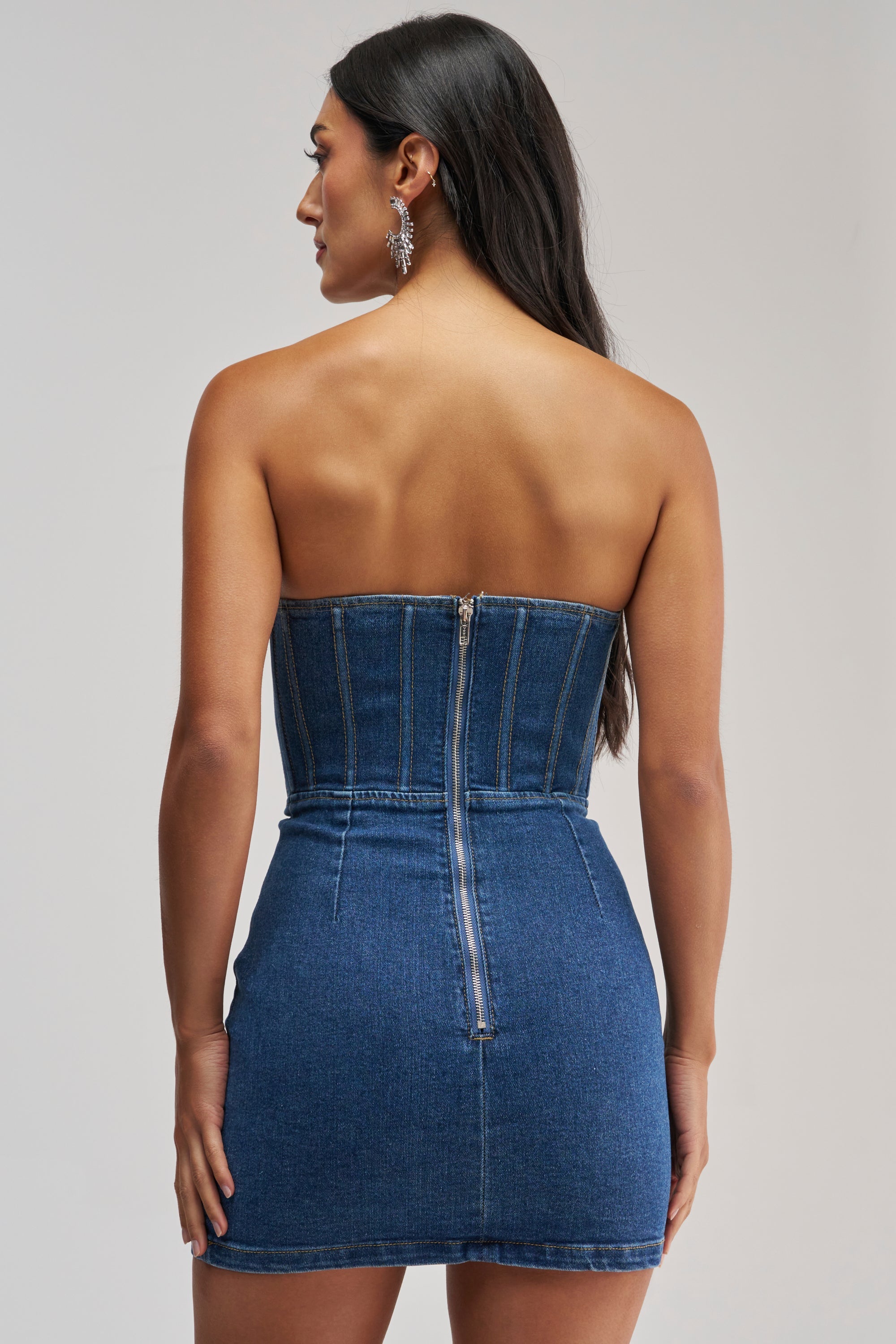 FEELIN THE LOVE RHINESTONE DENIM MINI DRESS