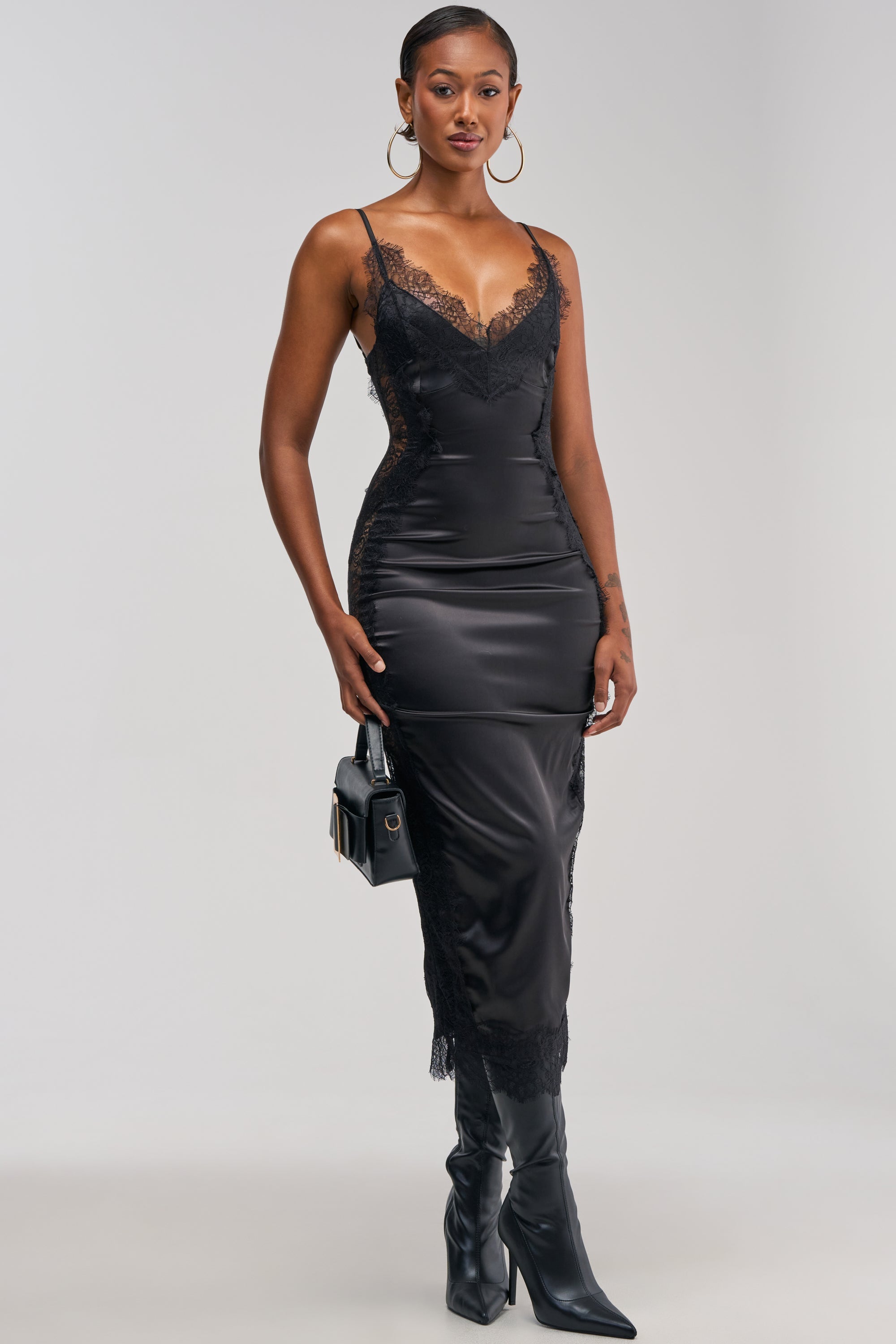 ESSENTIAL LACE TRIM SATIN MIDI DRESS IN BLACK