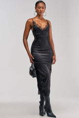 ESSENTIAL LACE TRIM SATIN MIDI DRESS IN BLACK
