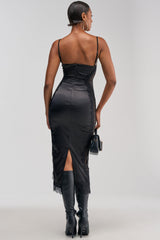ESSENTIAL LACE TRIM SATIN MIDI DRESS IN BLACK