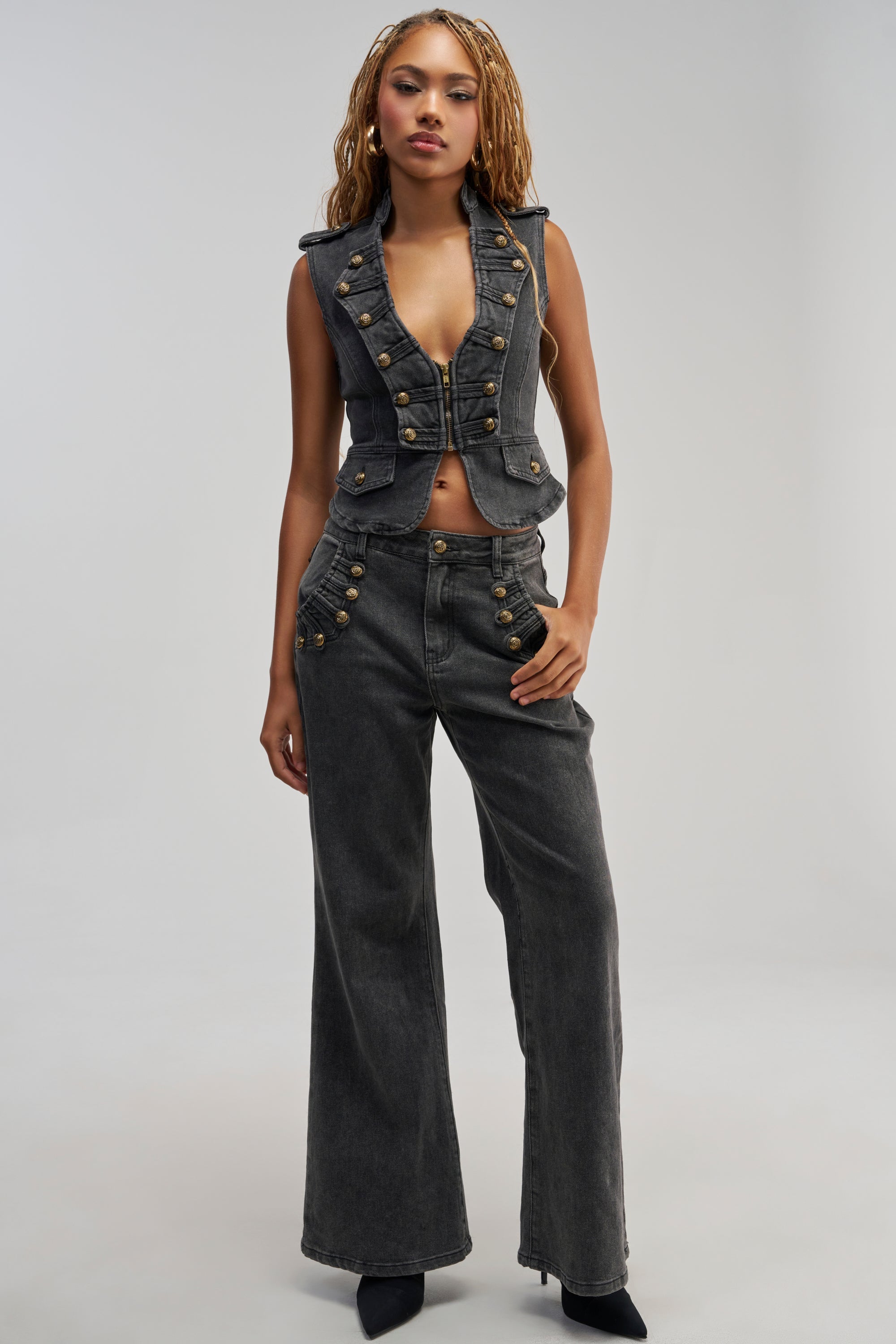 AHEAD OF THE CURVE MILITARY DENIM TOP