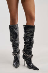 AKIRA GOLD AFTERHOURS BLACK STILETTO BOOT WITH METAL DETAIL