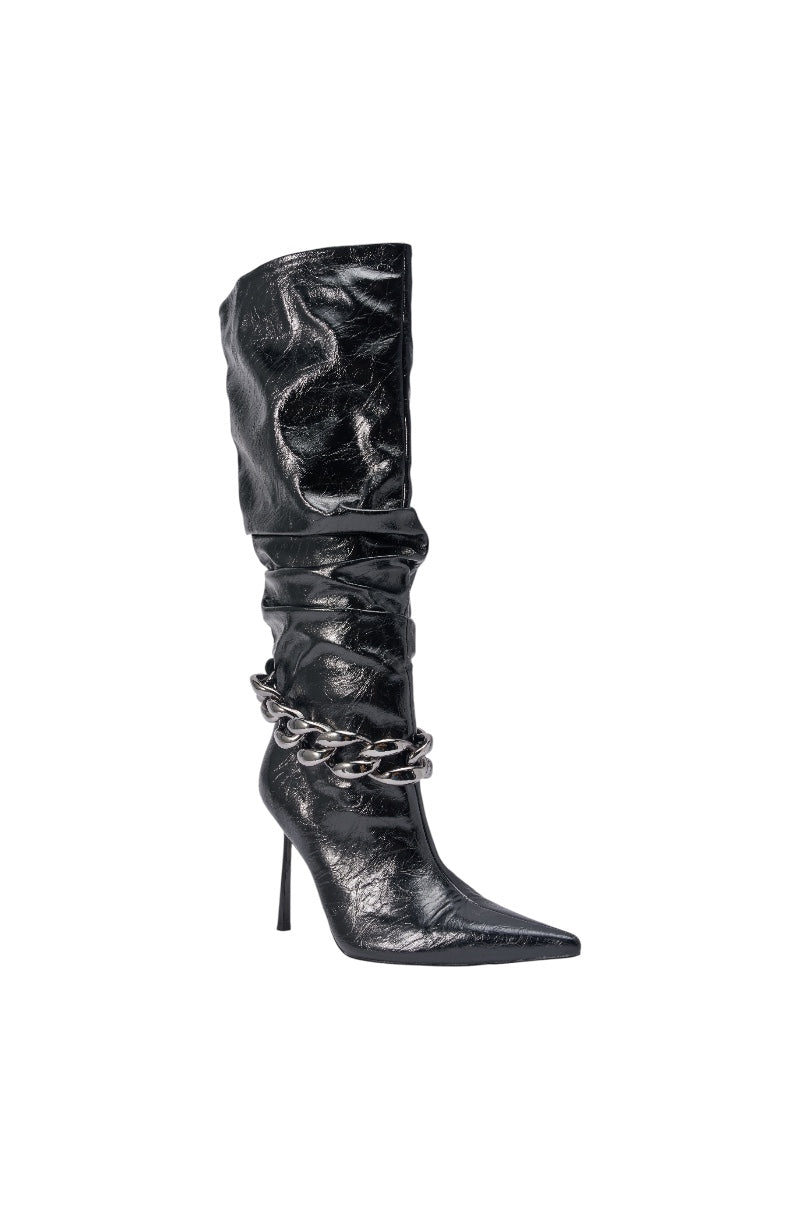 AKIRA GOLD AFTERHOURS BLACK STILETTO BOOT WITH METAL DETAIL