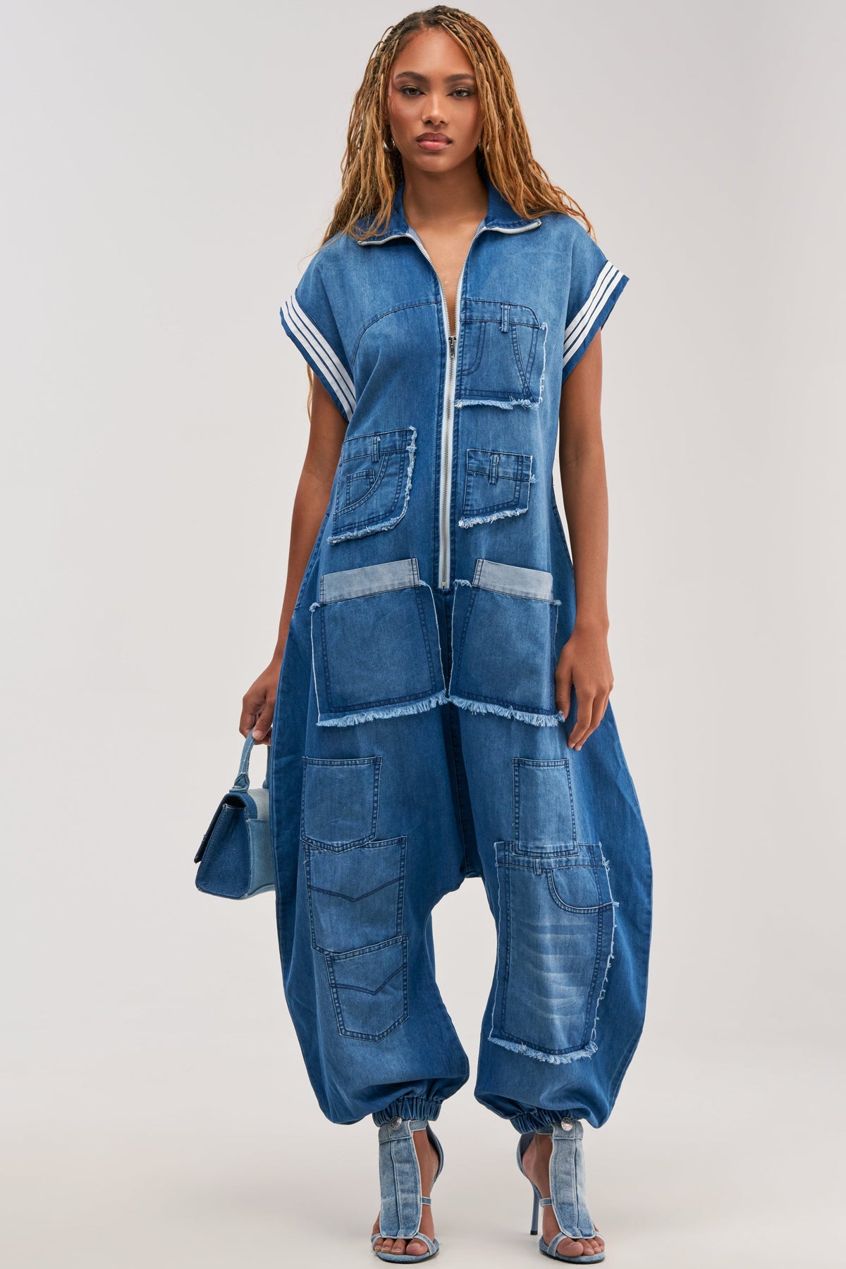 OFF-DUTY DENIM PATCHWORK JUMPSUIT
