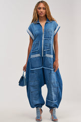 OFF-DUTY DENIM PATCHWORK JUMPSUIT
