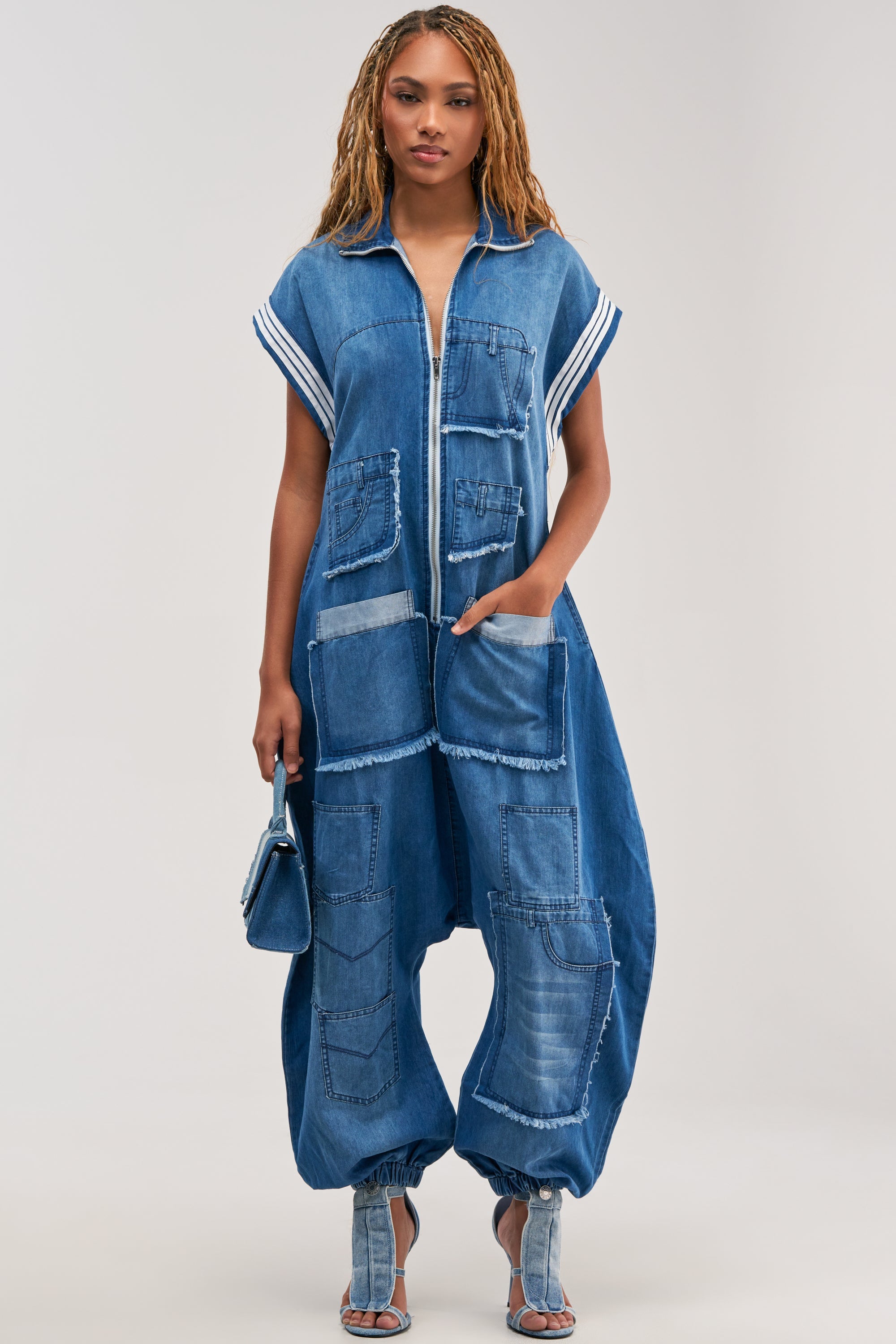 OFF-DUTY DENIM PATCHWORK JUMPSUIT