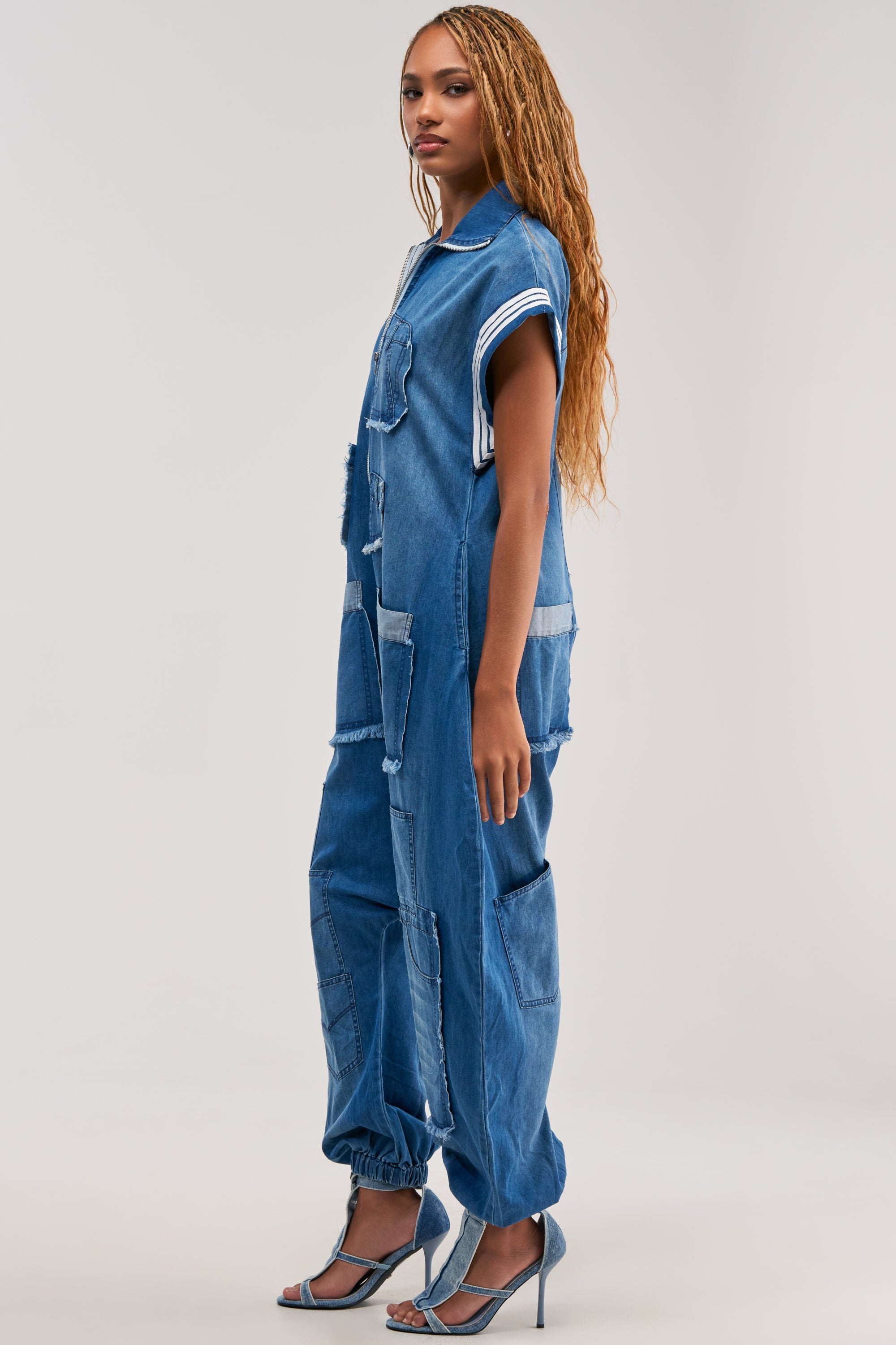 OFF-DUTY DENIM PATCHWORK JUMPSUIT