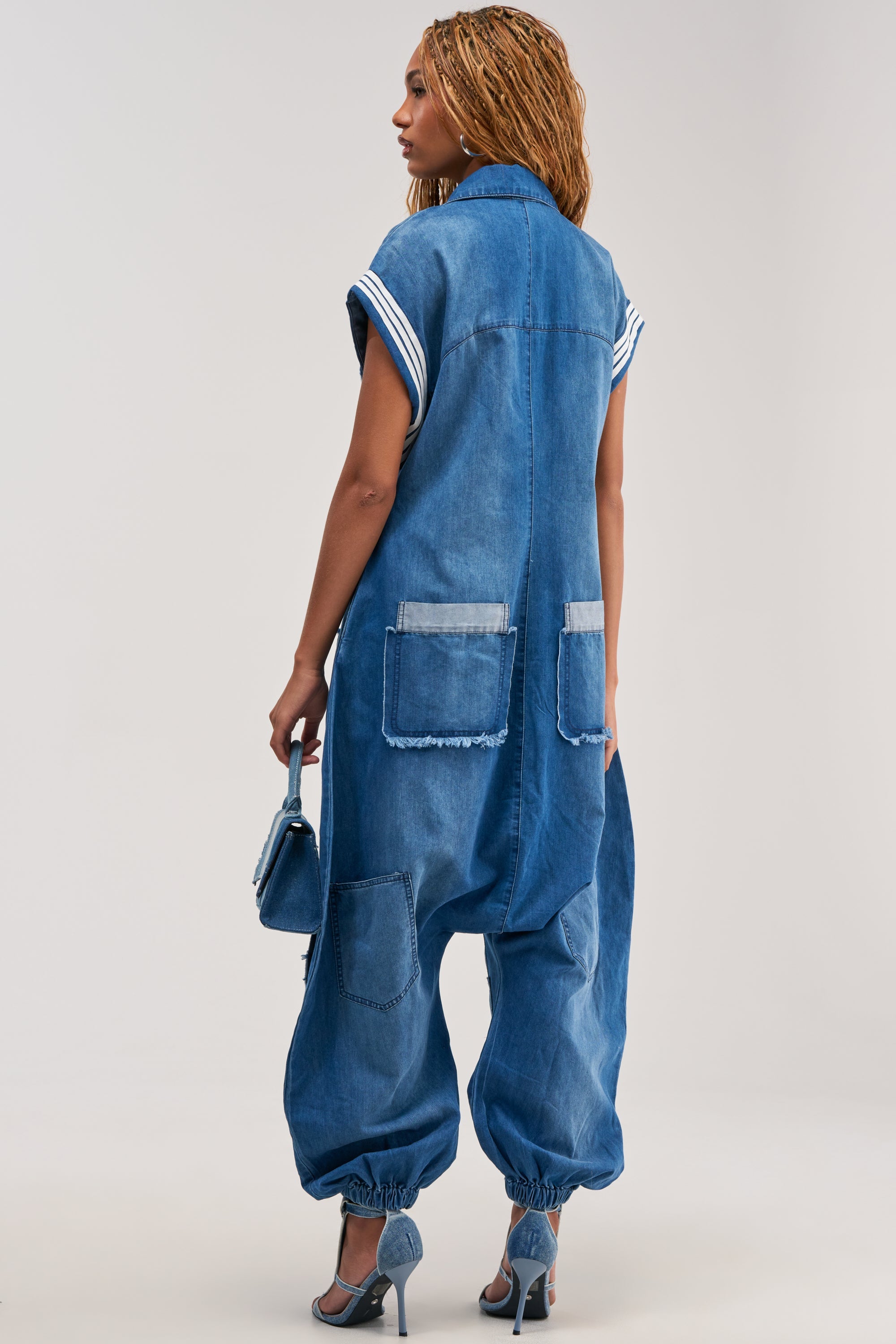 OFF-DUTY DENIM PATCHWORK JUMPSUIT