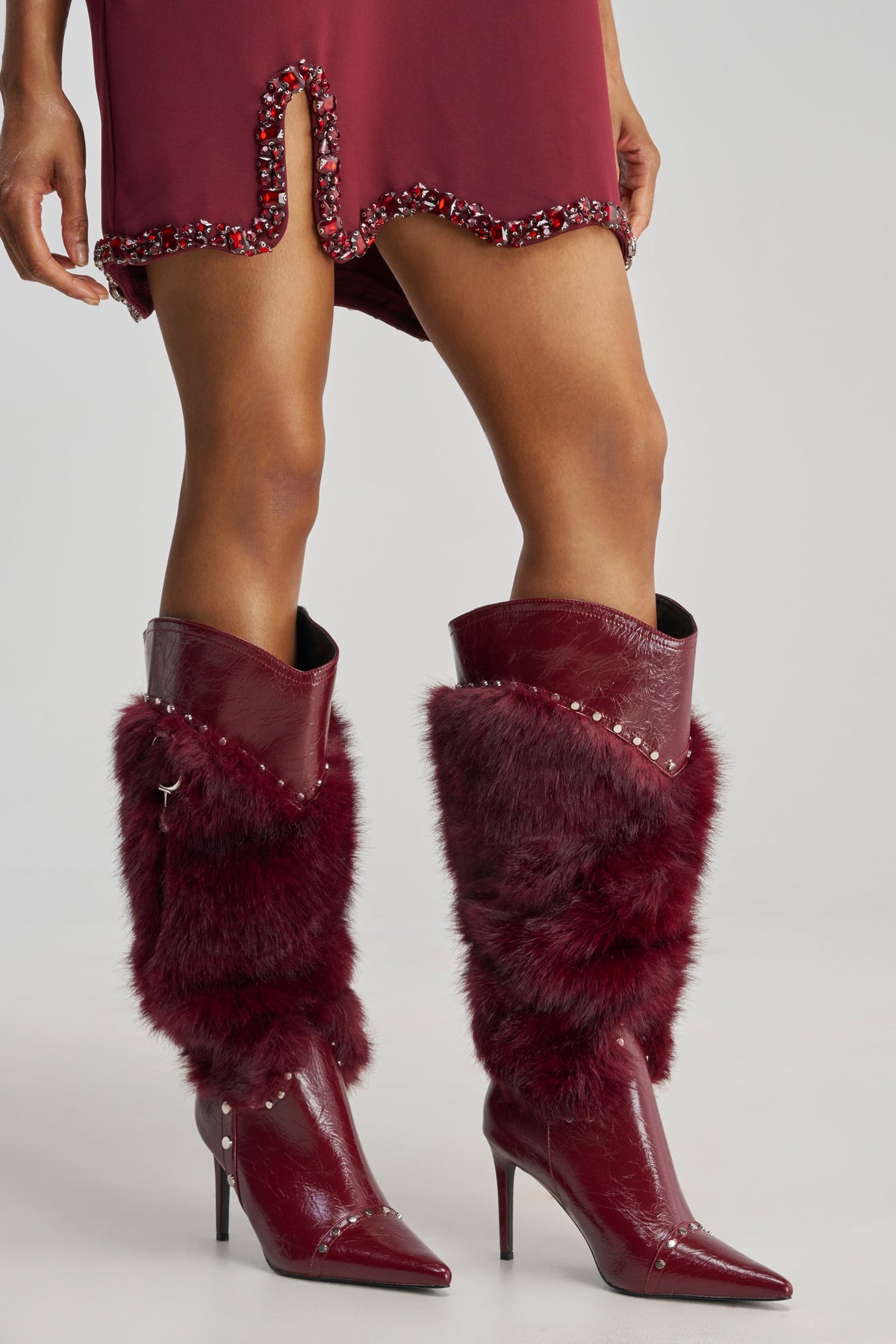 AZALEA WANG ALISETTE BURGUNDY MIXED MATERIAL FUR AND FAUX LEATHER STILETTO BOOT