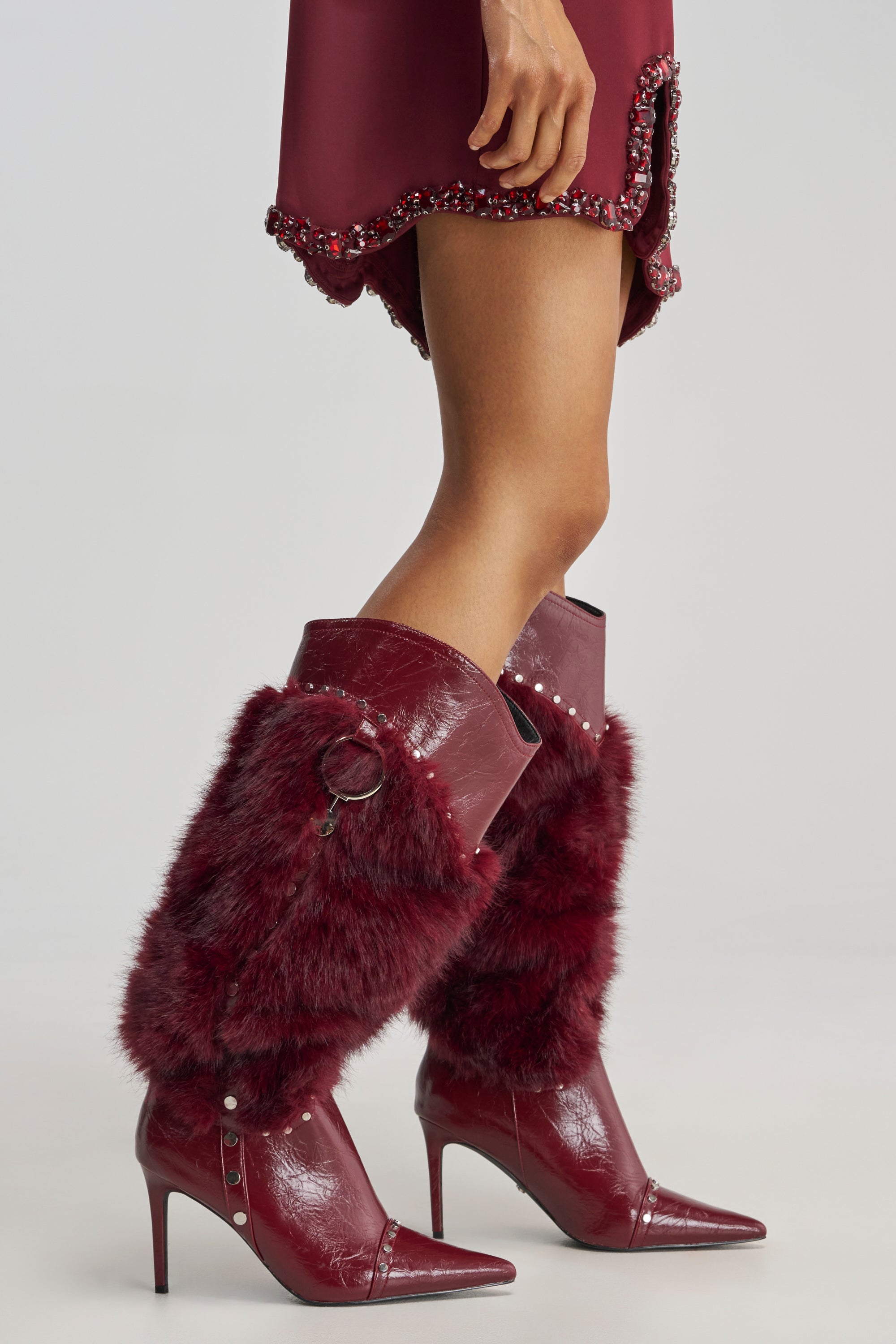 AZALEA WANG ALISETTE BURGUNDY MIXED MATERIAL FUR AND FAUX LEATHER STILETTO BOOT