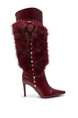 AZALEA WANG ALISETTE BURGUNDY MIXED MATERIAL FUR AND FAUX LEATHER STILETTO BOOT